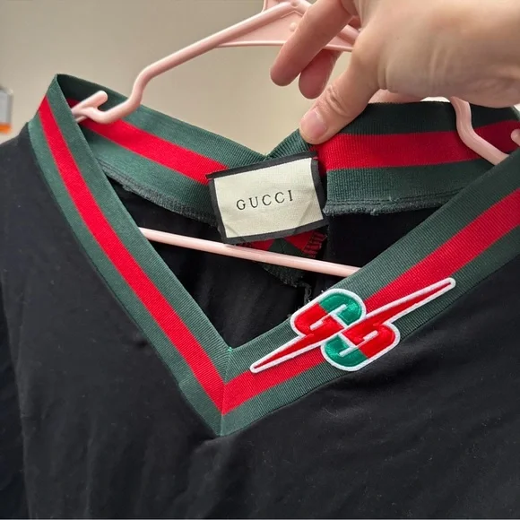 Gucci Black V-Neck Top with Red and Green Web Trim - Picture 3 of 5
